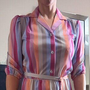 Vintage Deadstock NOS Striped Multicolored Secretary Dress Button Up 70s 80s